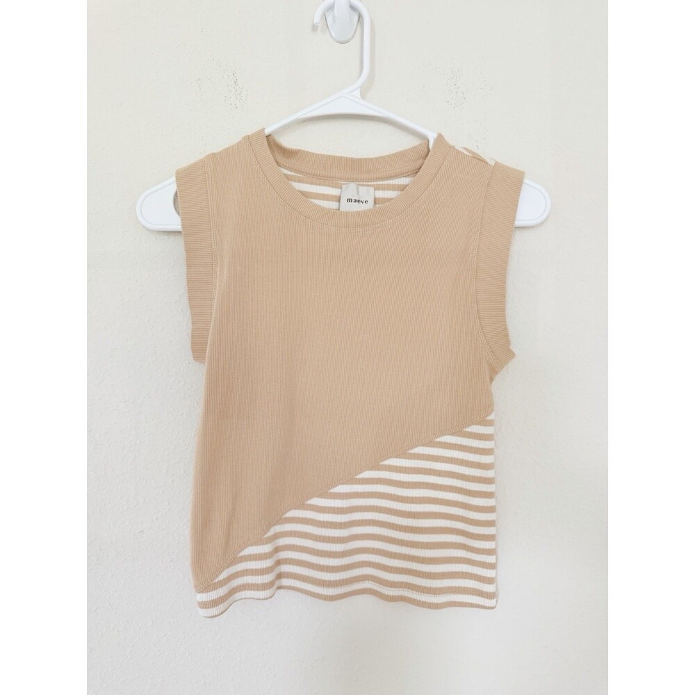 Maeve Anthropologie Beige Ribbed Muscle Tank Coastal Preppy Top XS Summer Chic